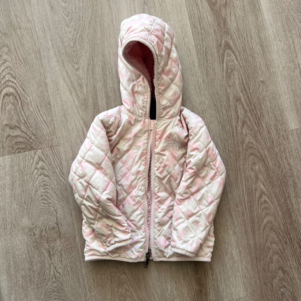 Pink Floral North Face Baby Reversible Puffer Jacket with fuzzy inside